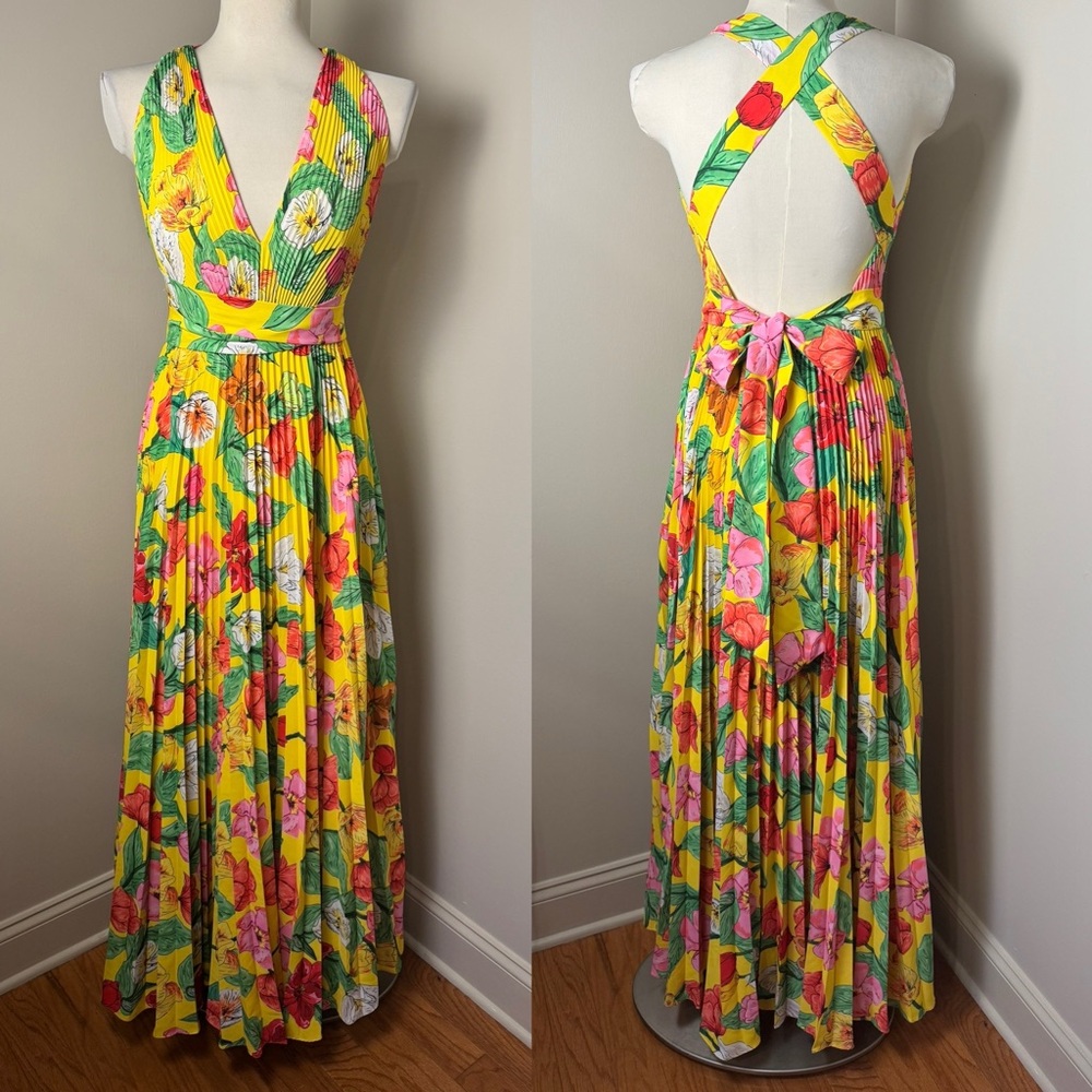MILLY Oria Tulip Rosette Floral Backless Pleated Maxi Dress YELLOW MULTI/ SIZE 6